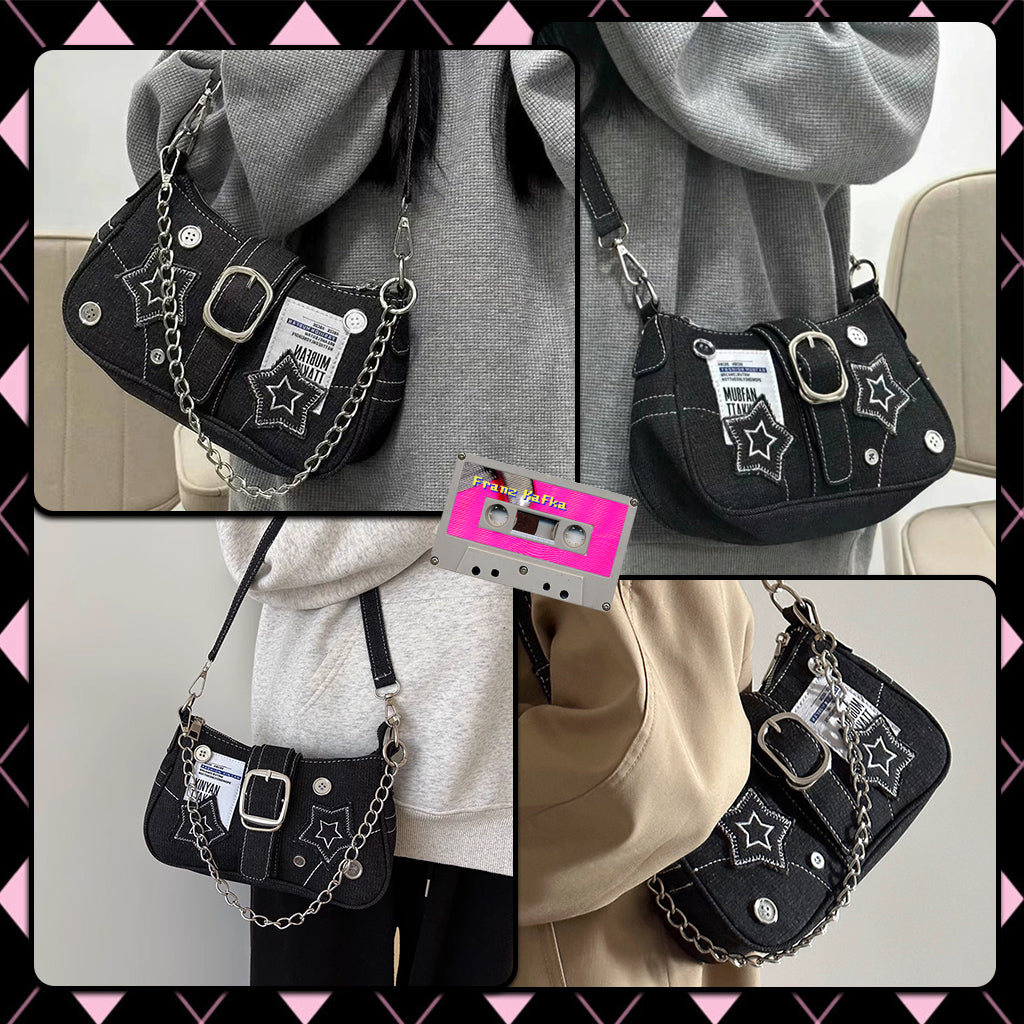 PALAY Chic Shoulder Bag for Girls Canvas Handbag with Chain Charm Small Hobo Bag Stylishly Sweet Y2K Star Patchwork Letter Printed Handbag Casual Small Shoulder Zipper Bag, 23x7x13cm