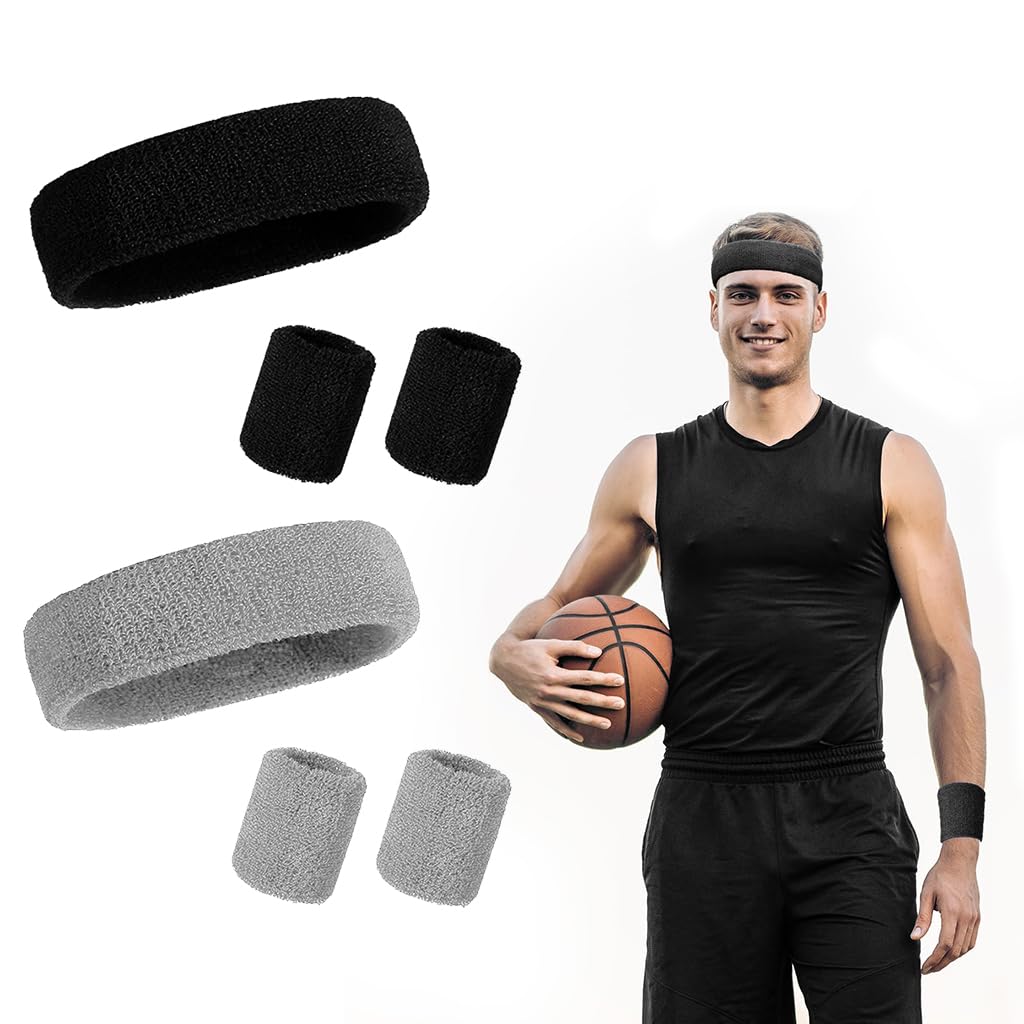 Proberos Sport Headband Wristband Combo Men Women Fashion Sport Headband Wristbands Polyester Spandex Soft Cloth Moisture Wicking Stretchy Wide Sweat Headband for Running, Workout, Yoga(Black &Grey)
