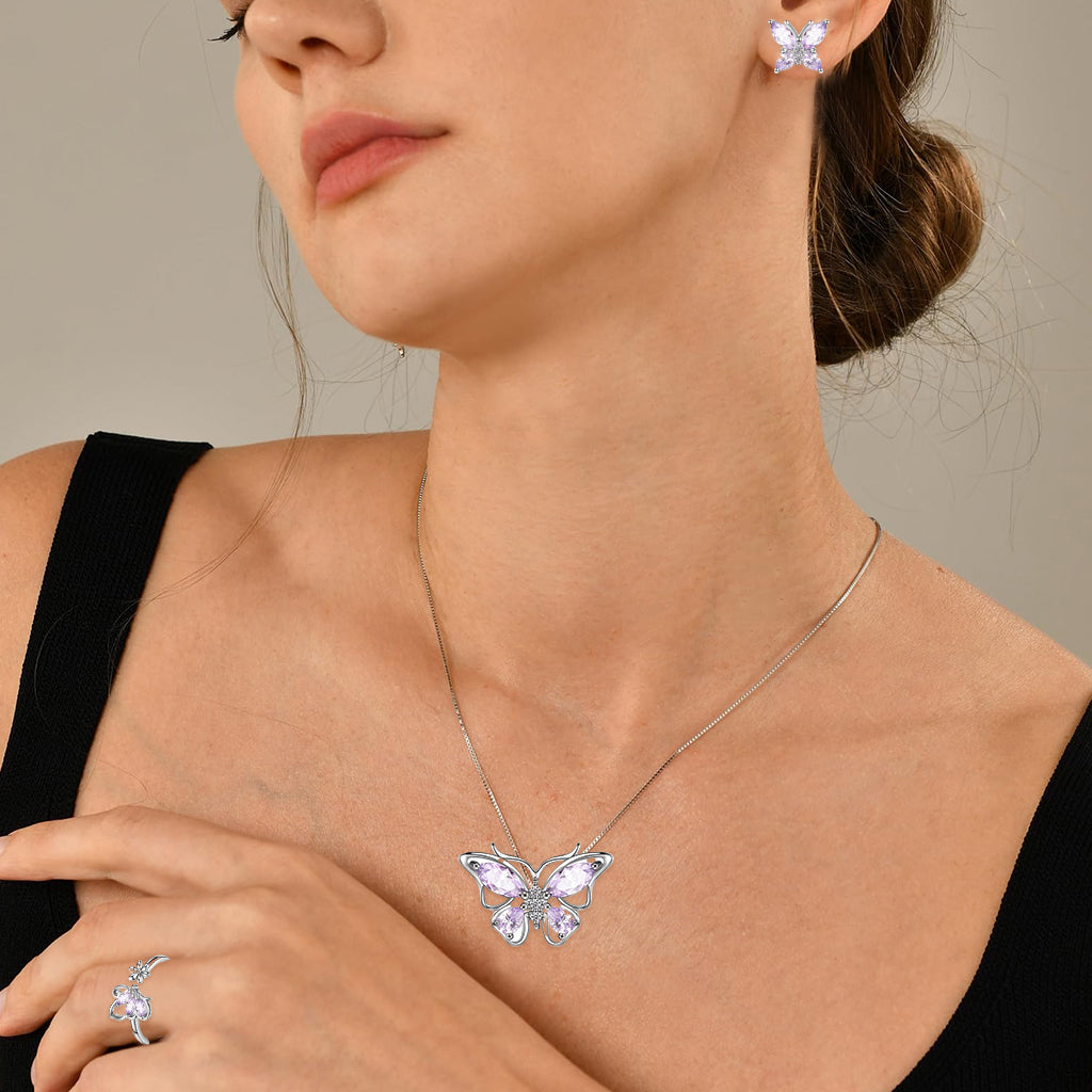 SANNIDHI 4Pcs Necklace Set for Girls Women Stylish Crystal Butterfly Pendant Necklace Adjustable Finger Rings Studs Earrings Jewellery Set Valentine Birthday Gifts for Women, Girls, Sister - Purple