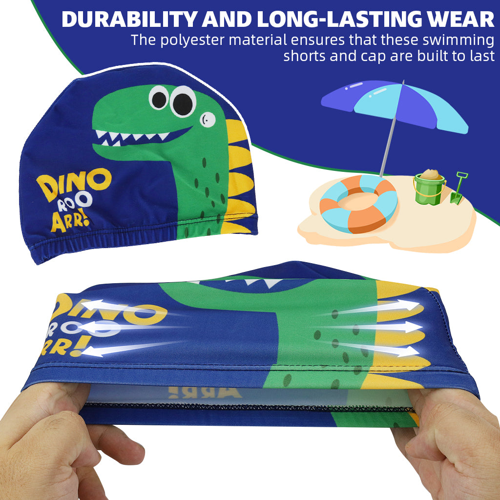 Proberos Boys Swimming Short and Cap Cartoon Dinosaur Polyester Swimming Shorts Elastic Waist Design Summer Swimming Gear for Boys 4-8 Years Old