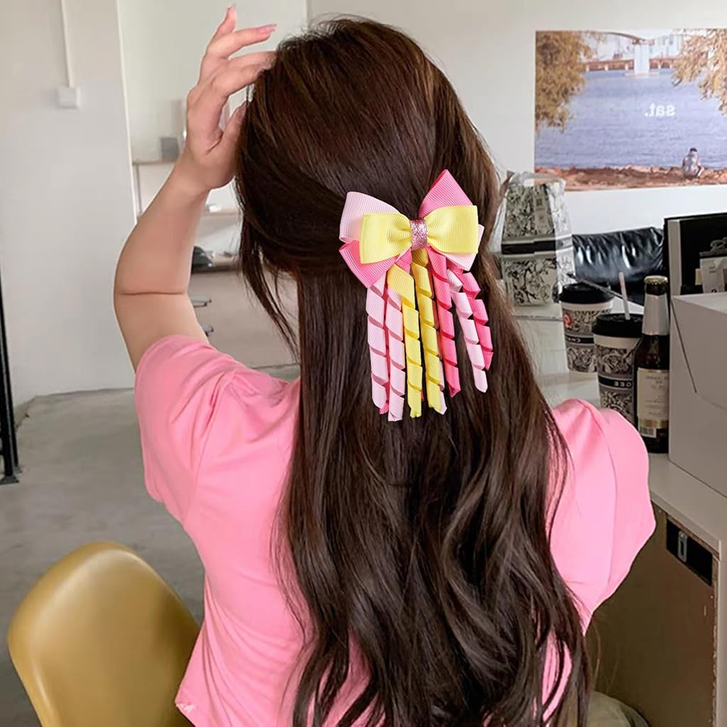 PALAY 2Pcs Ribbon Bow Hair Accessories for Girls, Princess Cute Hair Clips for Girls Curly Ribbon Hair Bow Clip stylish Headpieces Hair Pins for Girls Gift, Pink