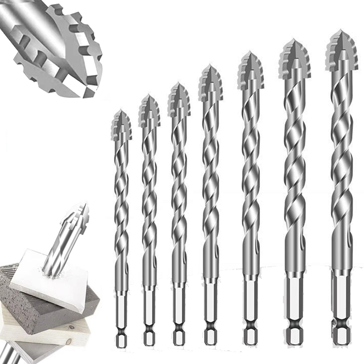 Serplex 7Pcs Alloy Steel Carbide Drill Bits for Ceramic Tiles, Ceramic, Glass, Marble, Concrete, 3/4/5/6/8/10/12mm High Impact 4-Edge Sawtooth Power Drill Bits Hex Shank Hole Opener Drill Bit