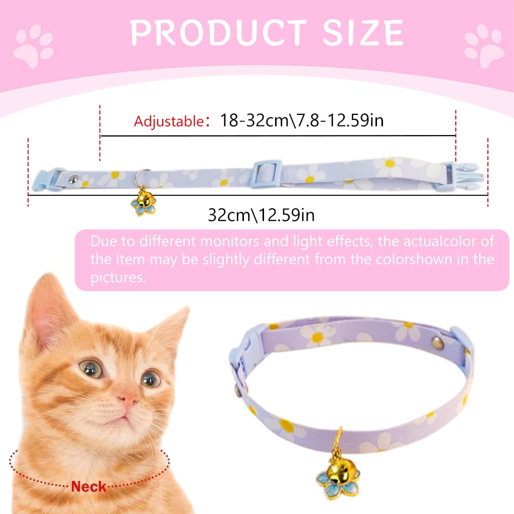 Qpets Cat Collar with Bell Cotton Cat Collar with Sakura Flower Charm Quick Release Buckle Design 18-32cm Adjustable Cat Collat Cute Purple Floral Print Cat Collar