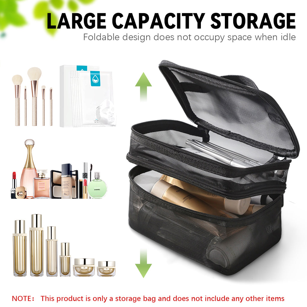 SANNIDHI Makeup Pouch Bag, Travel Makeup Organizer Bag Pouch, Large Mesh Toiletries Cosmetic Bag, Double Layer Nylon Make up Brush Pouch, Zip-up Makeup Tool Bag with Handle