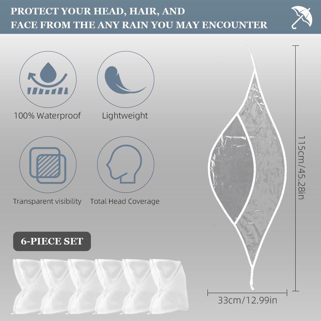 PALAY 6pcs Women Rain Bonnet Wide Brim Rain Cap Easy Tie-up Rain Cap Head Wrap Cover Transparent Rainproof PE Portable Rain Cap Rain Hat