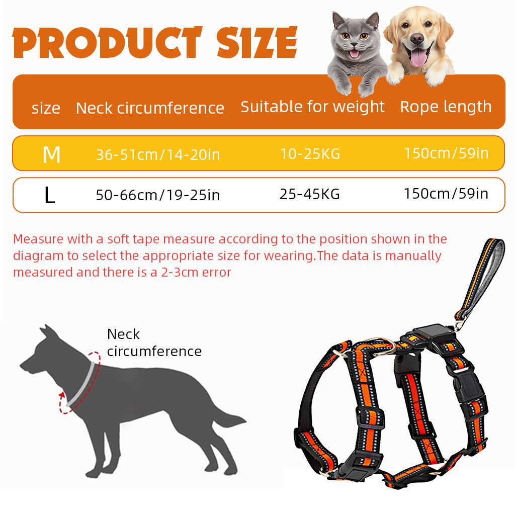 Qpets No Pull Dog Harness, 2 in 1 Dog Vest Harness with 59 inches Retractable Wire Dog Leash Quick Release Buckle Dog Harness with Night Reflective Strip Design