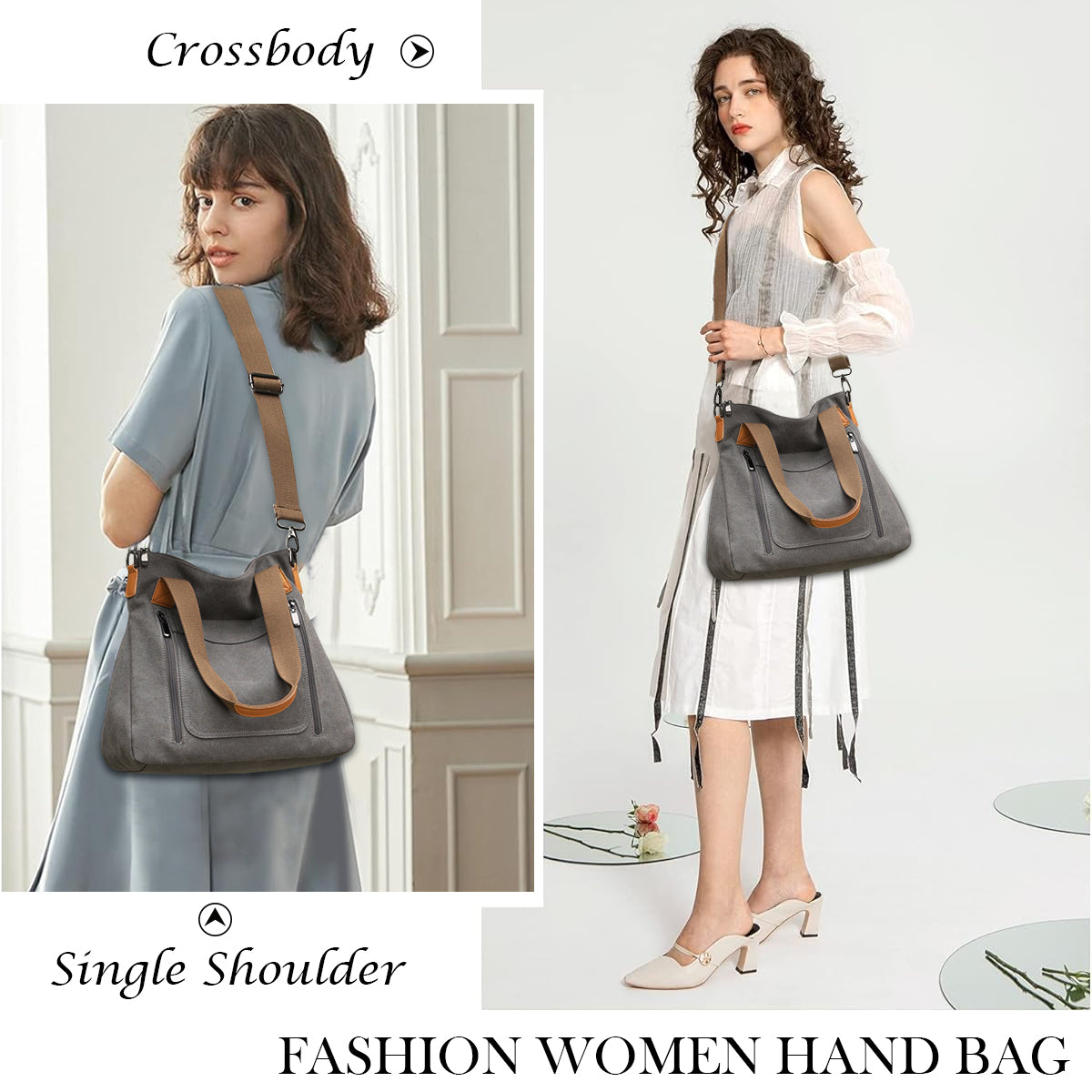 PALAY Handbag for Women Grey Canvas Shoulder Bag Tote Sling Bag Hand Bag Large Crossbody Bag with Detachable Shoulder Strap Korean Women Bag for School, Work
