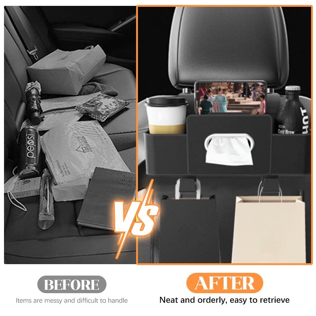 STHIRA Car Backseat Organizer Car Storage Organizer with Multi Compartments Car Headrest Backseat Storage Box with Tissue Holder & Dual Hooks Durable PU Leather Rear Seat Organizer for Phones, Bags
