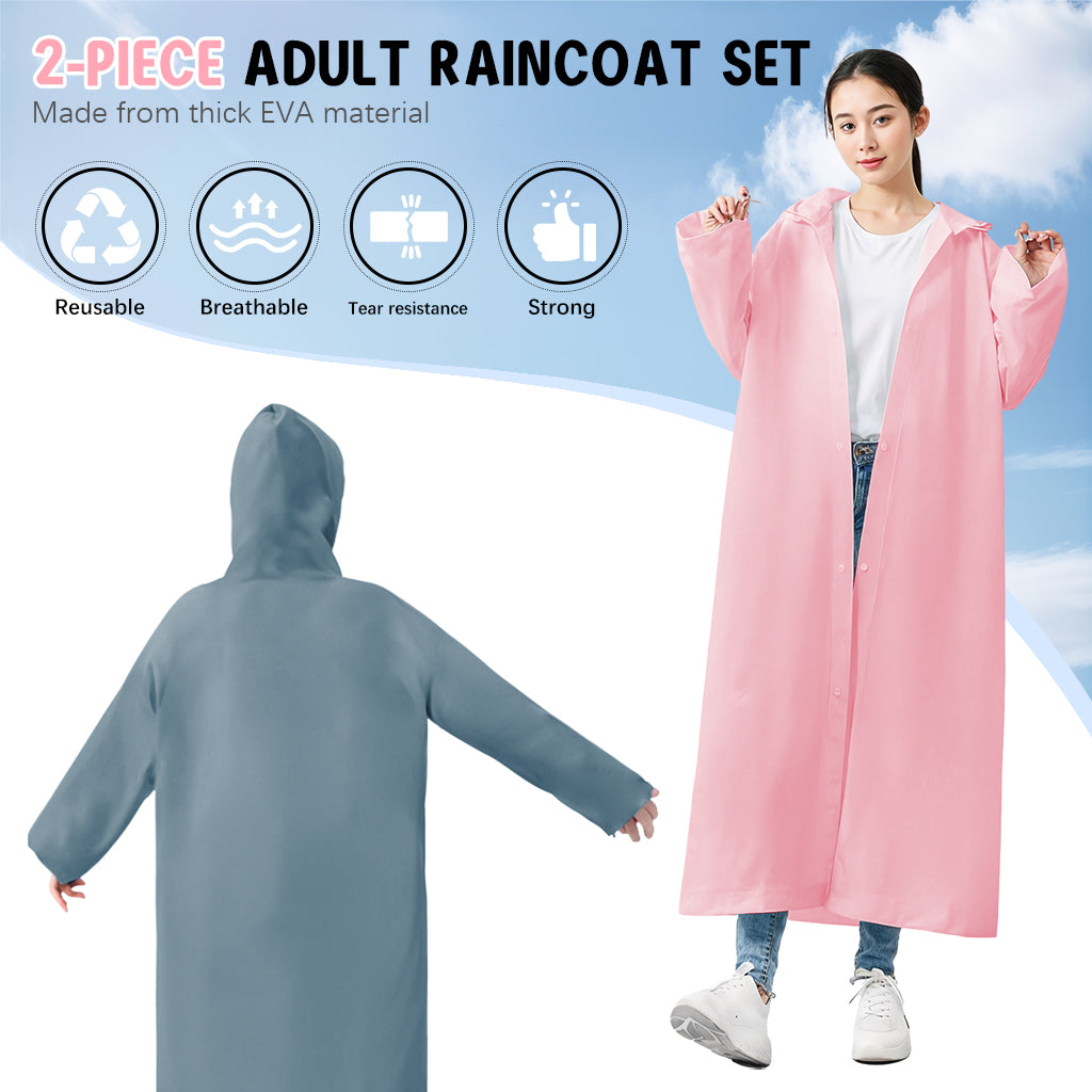 PALAY Waterproof Rain Ponchos for Adults (2Pack) Reusable EVA Lightweight Long Raincoat with Hood Button-Up Unisex Rainwear for Motorcycle Commute, Monsoon Travel & Festivals (Length 136cm)
