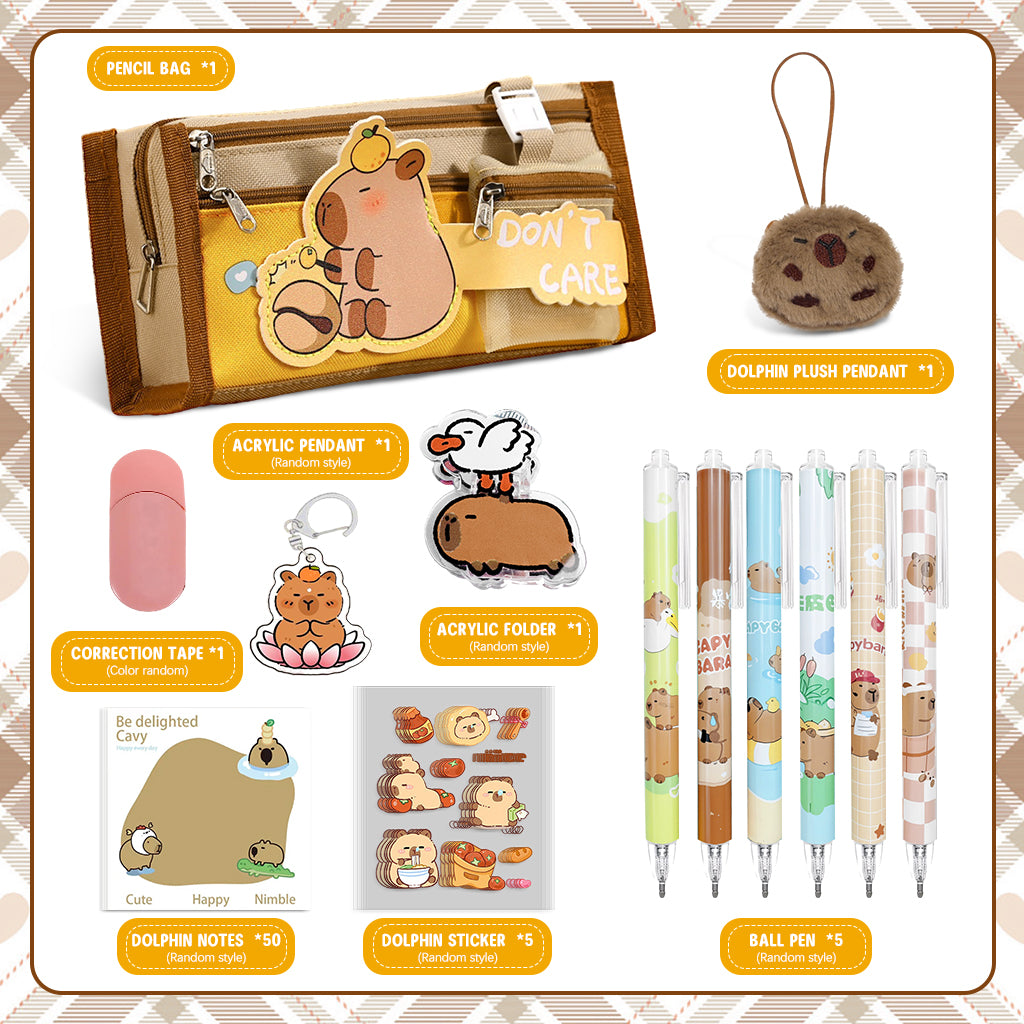Climberty Capybara Stationery Set for Students & School Gift, 64 Pcs Adorable Cartoon Supplies with Pens, Pencil Bag, Stickers, Correction Tape, Sticky Notes & Capybara Backpack Charm