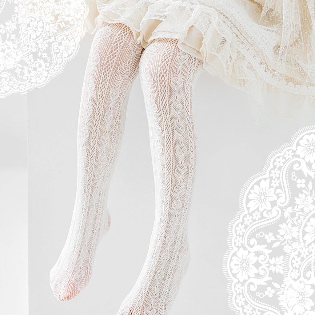 PALAY 2Pcs Lace Pantyhose for Kids Girls White Patterned Lace Socks Lace Stockings Stretchy Lace Leggings for Girls Lace Tights for Girls White Lace Stockings for Girls Kids 5-8 Years Old