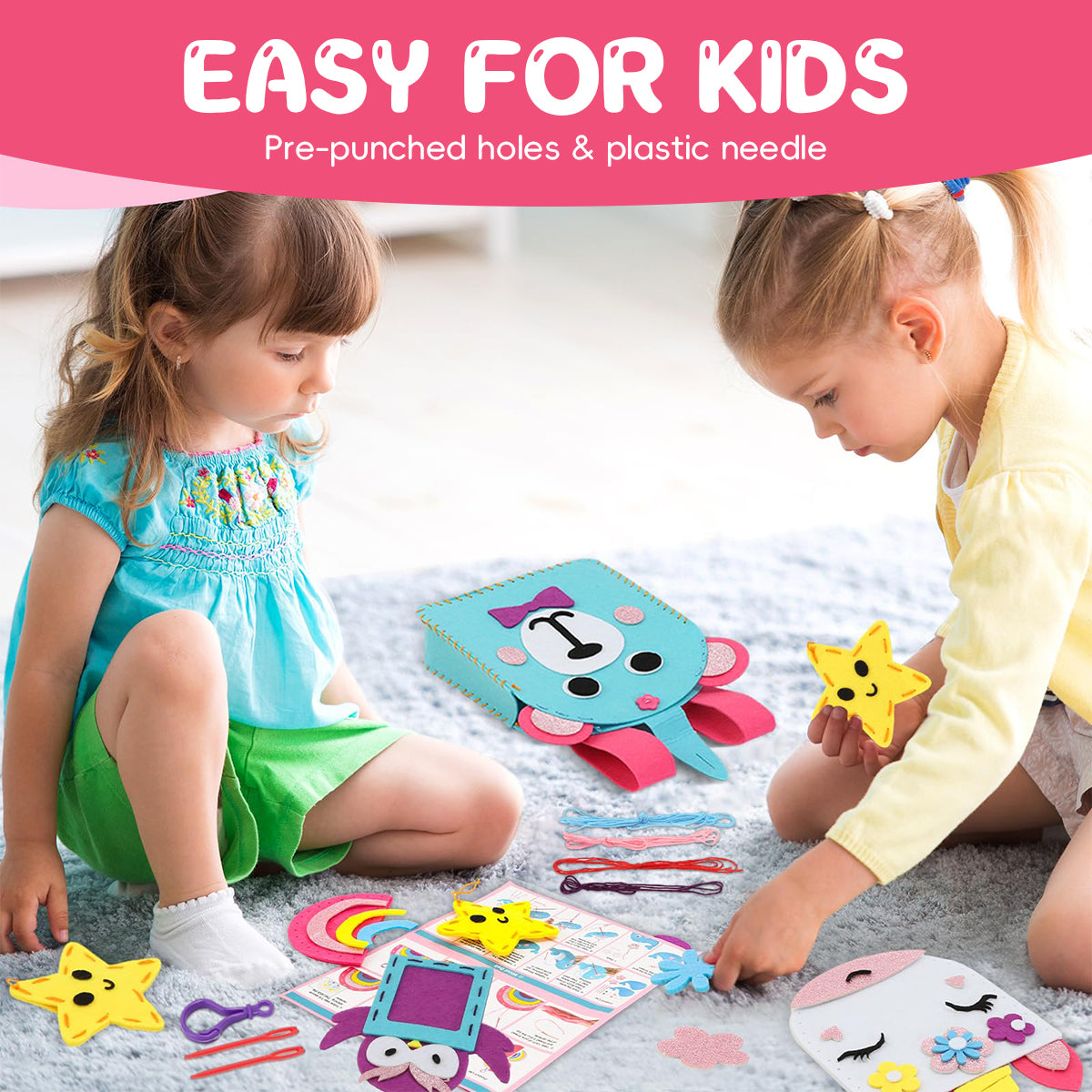PATPAT JZSIJ Beginner Sewing Kit for Kids Arts & Crafts, 6 Easy DIY Projects of Stuffed Animal Dolls of Bears & Kittens, Gifts for Children 5-12 Years Old, Suitable for Learning Sewing and Embroidery