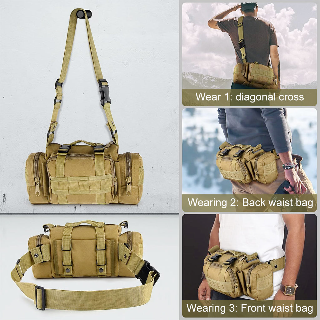 Proberos Small Tactical Carry On Bag Shoulder Bag with Adjustable Quick Release Shoulder Strap Waist Bag with Handle Multi Compartment Deployment Bag Travel Small Bag for Men Women, Khaki, 35x14x18cm