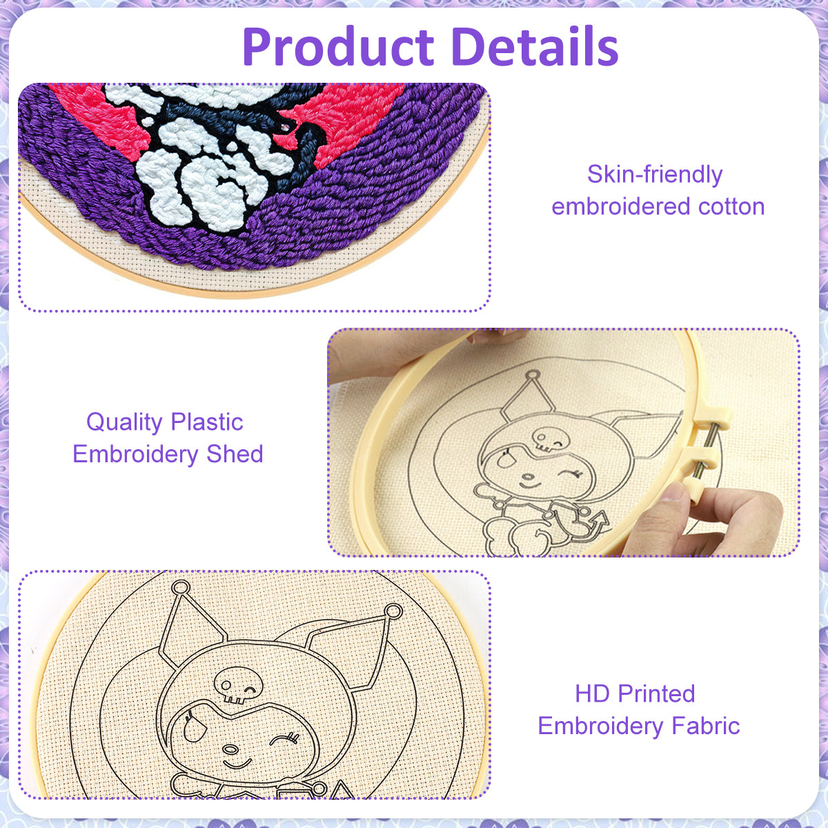 PATPAT 20x20CM DIY Tufting Art Craft Kit Cute Kuro-mi Punch Needle Kit Embroidery Kit for Beginners DIY Hoop Embroidery Kit with Embroidery Punch Needles, Hoop, DIY Art Kit Gift for Kids Adults