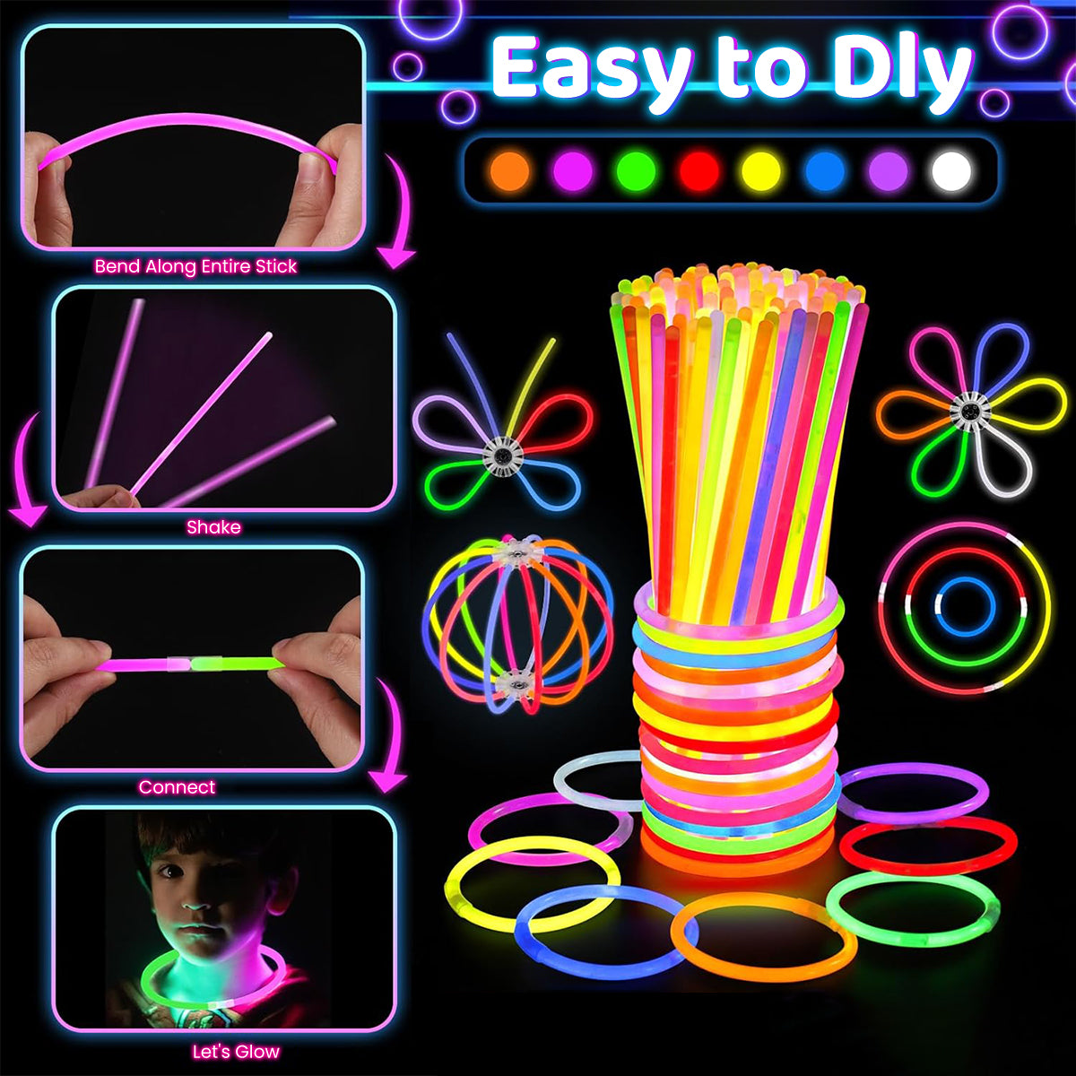 PATPAT Glow Sticks Pack of 100 Mixed Color, Glow In Dark Stick Glowing Toys Fluorescence Stick Bracelet Rings Glowing Wrist Rings Magic Stick for Kids Party Supplies Party Accessories
