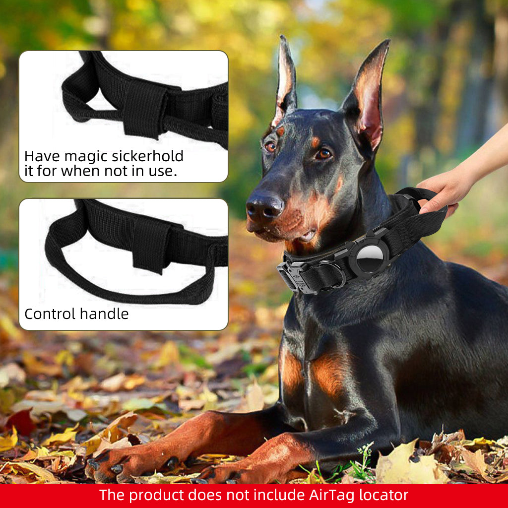 Qpets Tactical Dog Collar with AirTag Holder, 2 in 1 AirTag Dog Collar with Handle & D Ring, Anti-lost Intergrated AirTag Holder Design Quick Release Buckle Nylon Dog Collar (Neck Size 50-63CM)