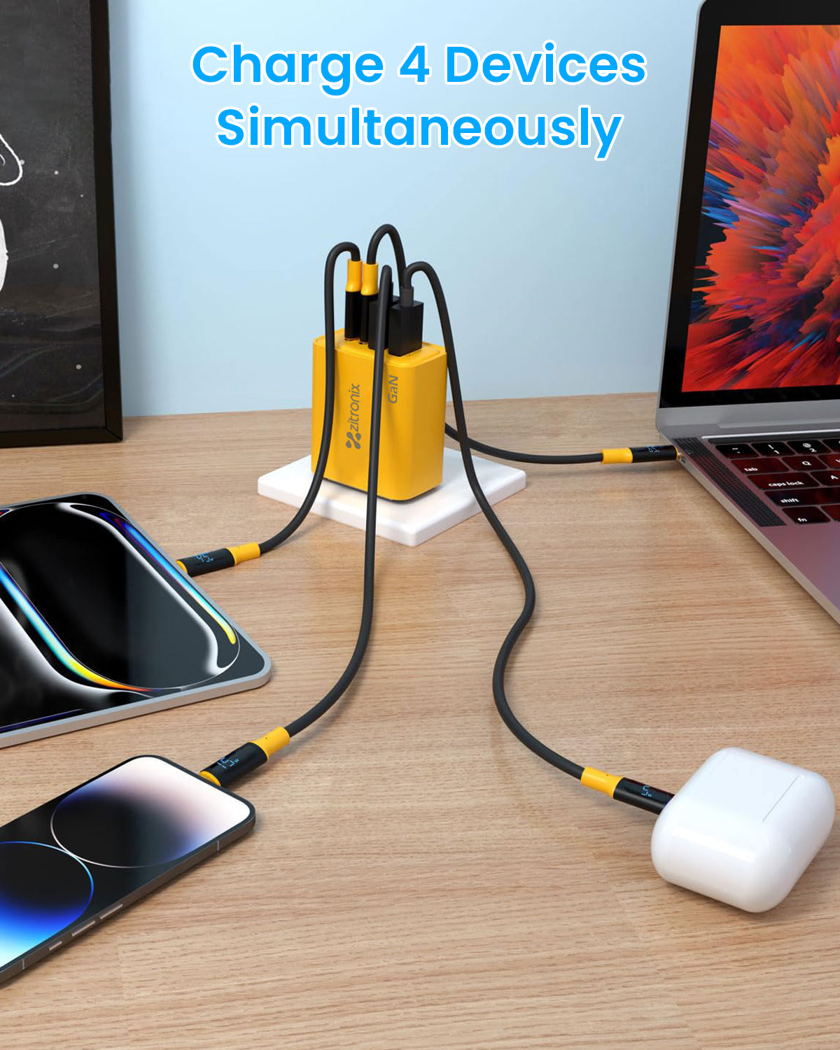 zitronix 65W GAN Charger 4 in 1 Type C & USB A Fast Charger Smart QC 3.0 Type C Charger USB A Charger Twin Type C & Twin USB A Interfaces Design Universal Fast Charger for Phone, Tablet, Laptop