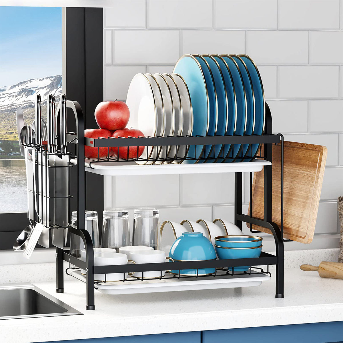 HASTHIP Dish Drying Rack Double Layer Dish Drain Rack Plates Cups Dishes Dry Rack with Removable Water Catch Tray Carbon Steel Kitchen Organizer Modern Kitchen Cutlery Organizer Rack, 43x23.5x39cm