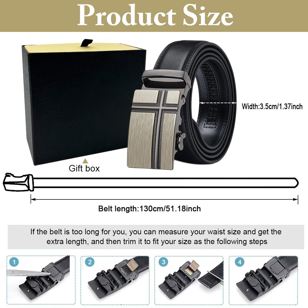 GUSTAVE Men's Belt, Leather Ratchet Automatic Belt for Men, Leather Belt, Width 3.5 cm, Length 130 cm