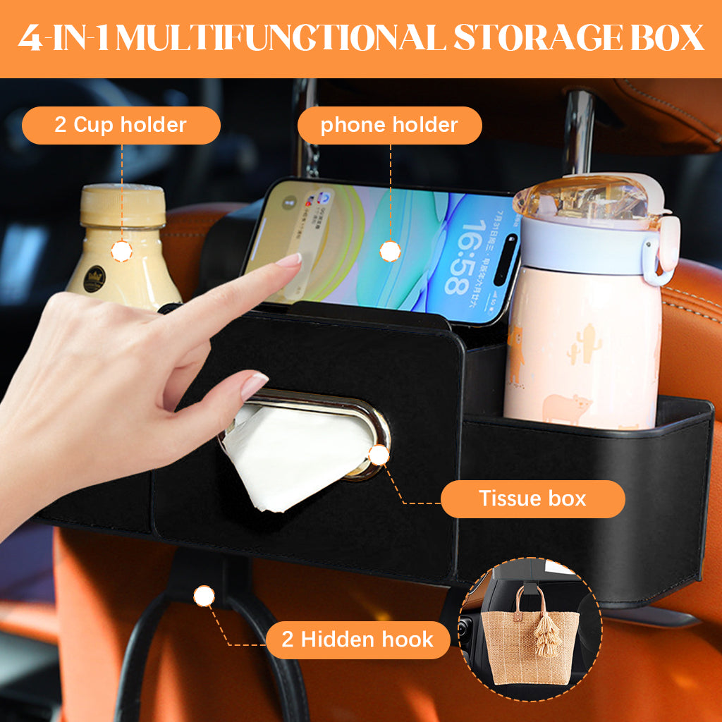 STHIRA Car Backseat Organizer Car Storage Organizer with Multi Compartments Car Headrest Backseat Storage Box with Tissue Holder & Dual Hooks Durable PU Leather Rear Seat Organizer for Phones, Bags