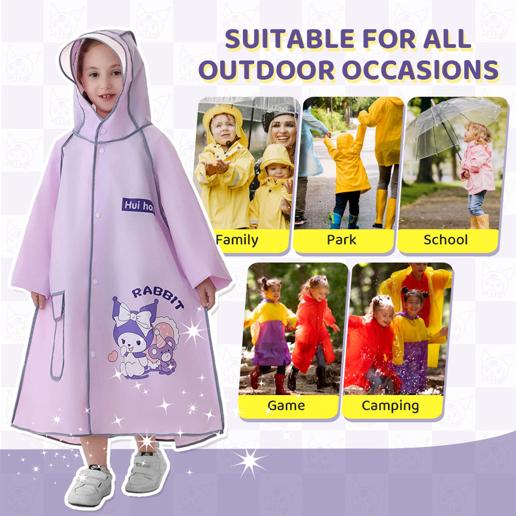 PATPAT Rain Poncho for Girls Kids Rain Coat EVA Rain Coat Knee-length Rain Coat with Transparent Wide Brim Hat & Pocket Button-Up High Collar Rain Coat Cartoon Kuromi Rain Coat for School, Camping, L