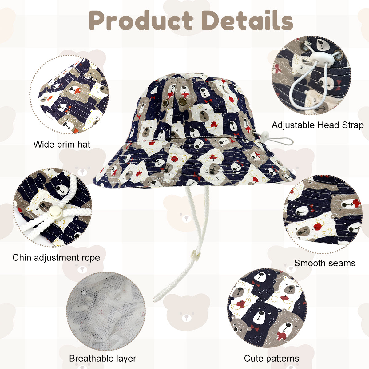 PATPAT Kids Sun Hat for Boys Girls Aged 4-6 Cartoon Bear Printed Bucket Hat Child Beach Hat with Chin Strap Packable Sun Hat Travel Outdoor Hat for Kids Children's Day Gift Birthday Gift