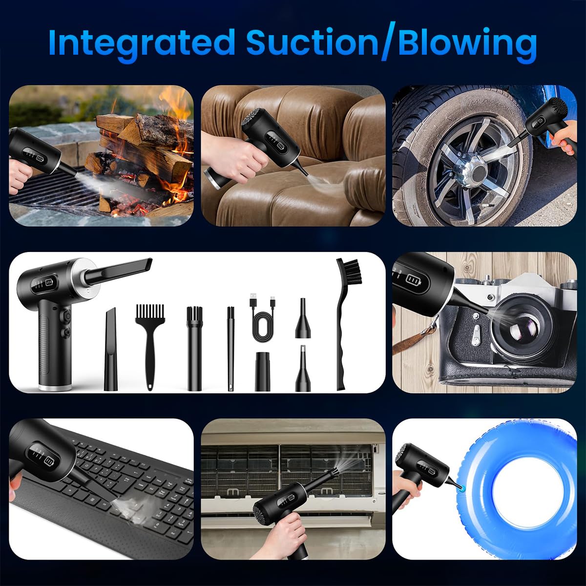 Verilux Electric Compressed Air Duster, 6000PA Handheld Cordless Air Duster, 3 Gear Adjustable 100000RPM Car Vacuum Cleaner & Multi Nozzle & LED Light, 110W 6000mAh Cordless Air Blower for Computer Keyboard