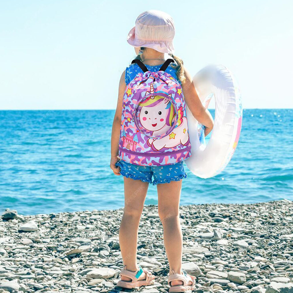 Proberos Drawstring Backpack Girls Waterproof Swimming Bags with Shoe Compartment Colorful Unicorn Print Polyester Drawstring Backpack Girls Travel Backpack Swimming Bag Activitiy Bag