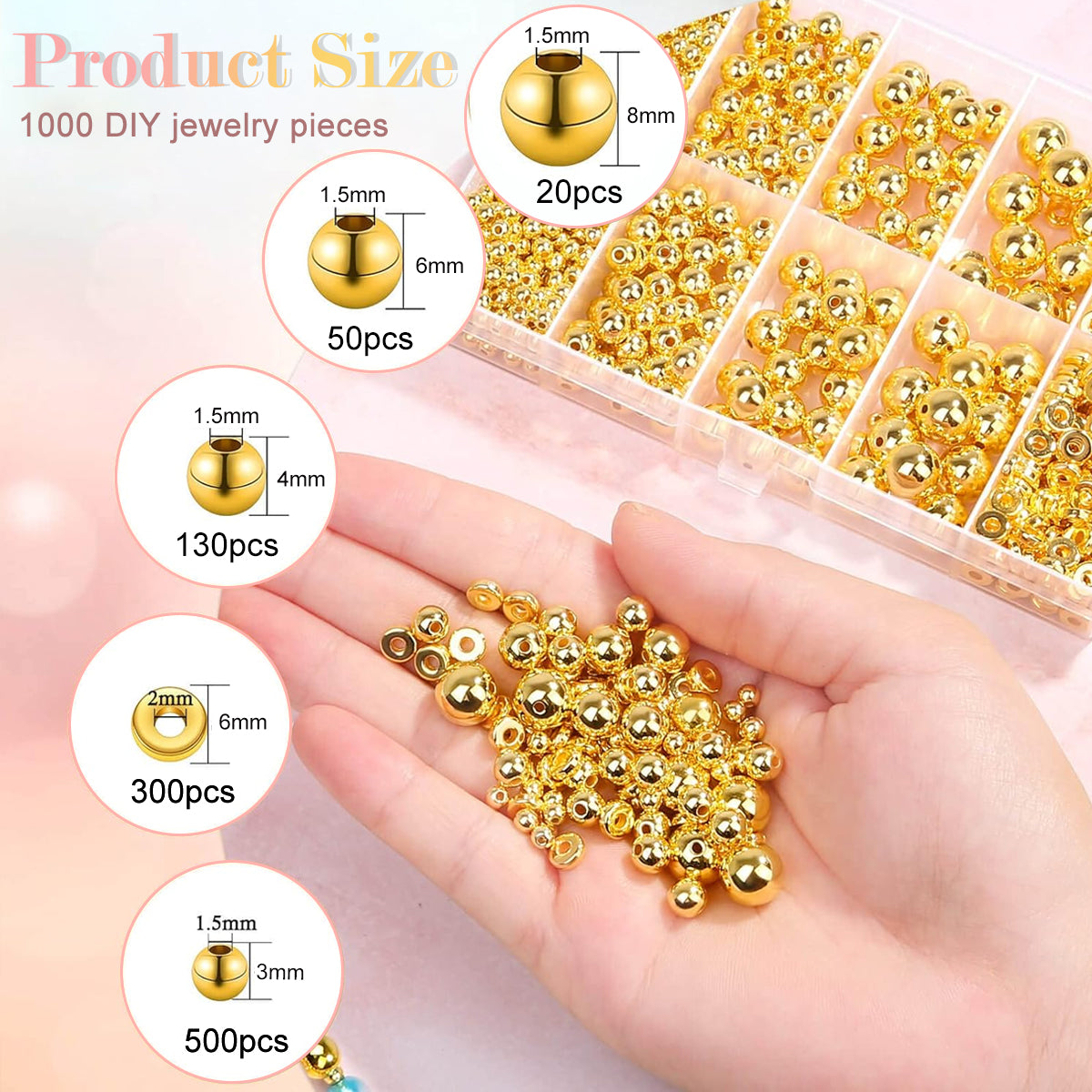 SANNIDHI 1000Pcs Golden Beads for Bracelet Making, Round Spacer Beads for Jewelry Making, 4/6/8/10mm Smooth Beads Spacer Rings, Resin Loose Ball Beads Kit for DIY Craft