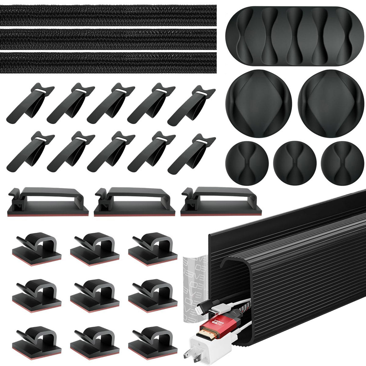 HASTHIP Cable Organizers Set of 32Pcs Assorted Cable Management Organizers Self Adhesive Multi Cable Channel Cable Holders Cable Ties Cable Clips Under Desk Cable Organizers for Home Office