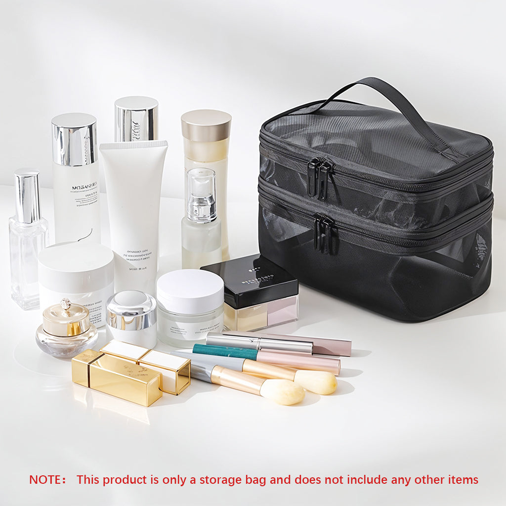 SANNIDHI Makeup Pouch Bag, Travel Makeup Organizer Bag Pouch, Large Mesh Toiletries Cosmetic Bag, Double Layer Nylon Make up Brush Pouch, Zip-up Makeup Tool Bag with Handle
