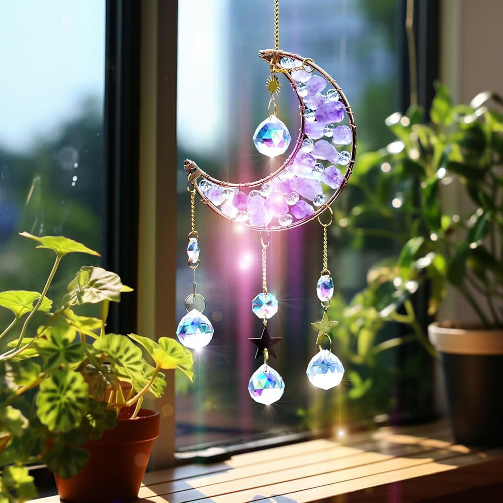 HASTHIP Sparkling Crystal Moon Charm for Home Decor 16.2 inches Decorative Purple Crystal Acrylic Crescent Hanging Charm Auspicious Home Gift Wall Hangings Car Charm