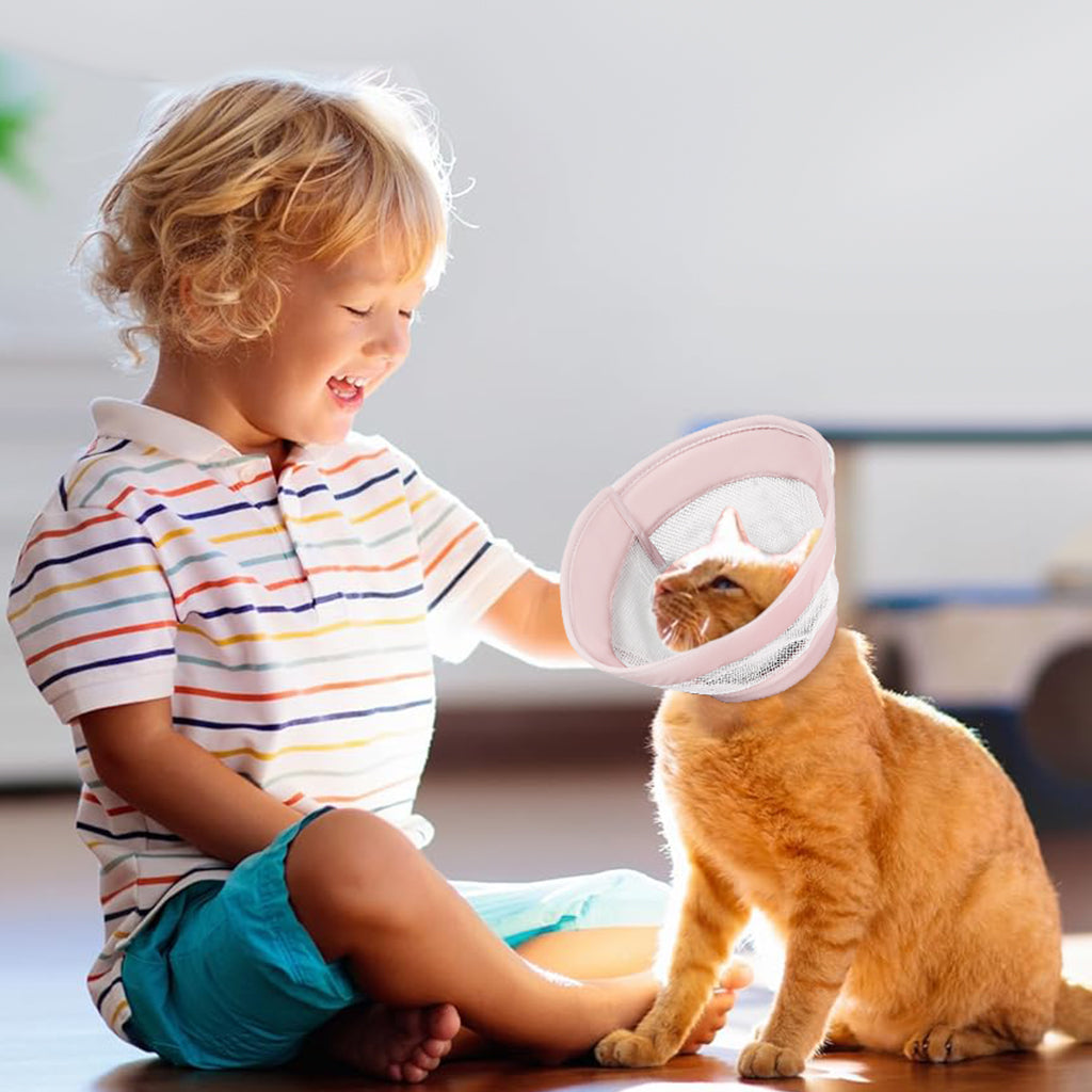 Qpets Cat Cone, Drawstring Adjustable Cat Cone Lick-proof Cat Cone for Recovery Protective Collar Patchwork Breathable Mesh Cat Cone Collar for Cat, S