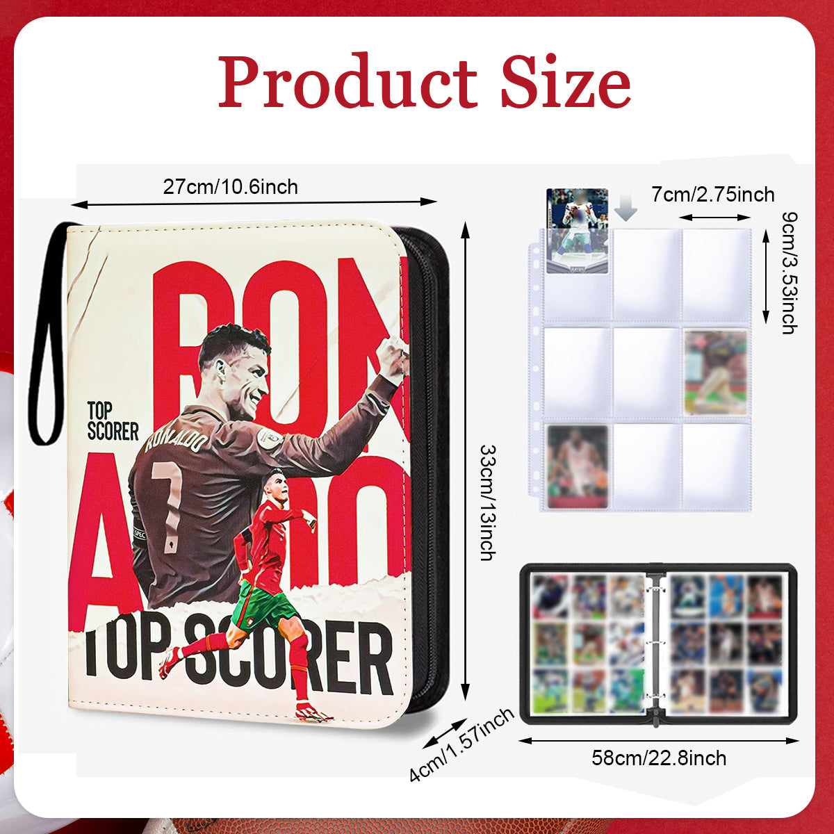 PATPAT 720 Pockets Soccer Card Binder Autographed Cards Storage Bag Fashion Waterproof Printed PU Cover Zipper Card Organzier Holder Multi Purpose Card Organizer Bag for Collectible Cards