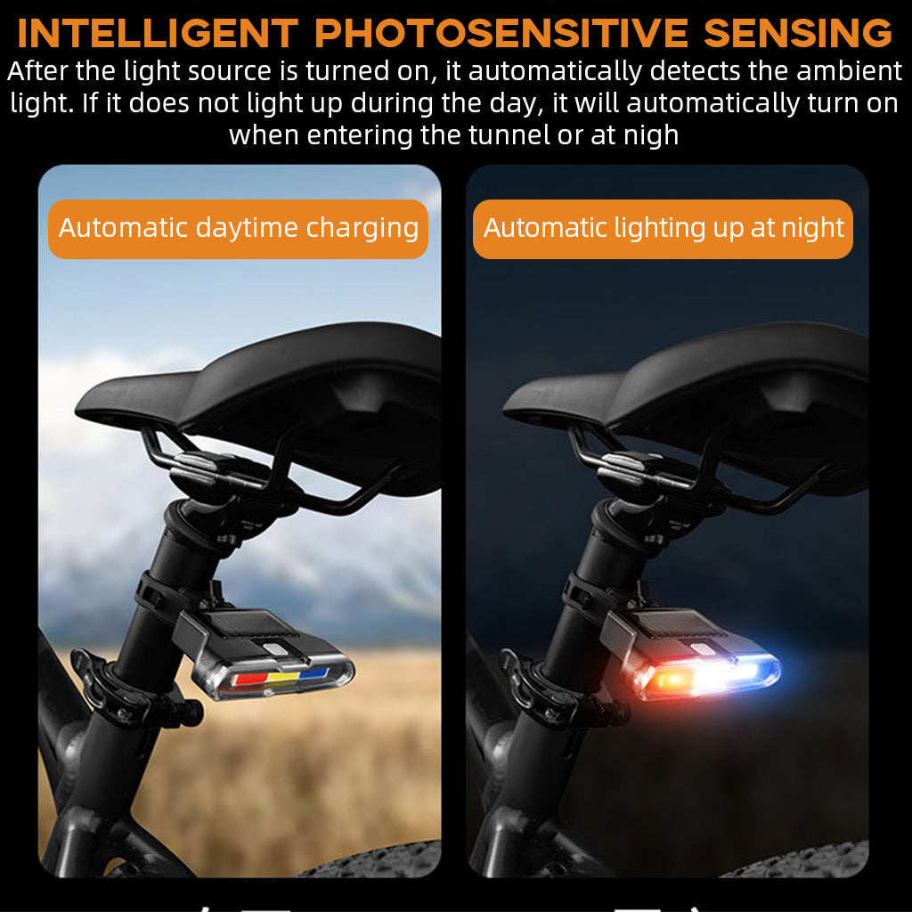 Proberos LED Bike Tail Light Solar Powered Bike Safety Light 3-Color Warning Light with 7 Lighting Modes Waterproof Bike Tail Light Auto Charging Solar Powered Outdoor Riding Under Saddle Light