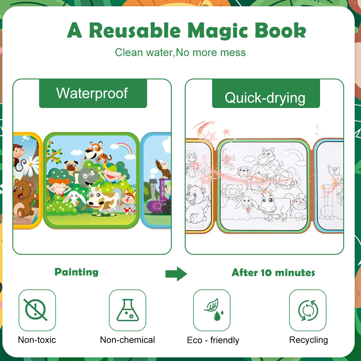 PATPAT Kids Coloring Book with Brush Pan Paint by Water Doodle Book for Toddlers Multi Page Cartoon Water Drawing Book Travel Busy Book Birthday Gift for Kids 3-5 Years Old