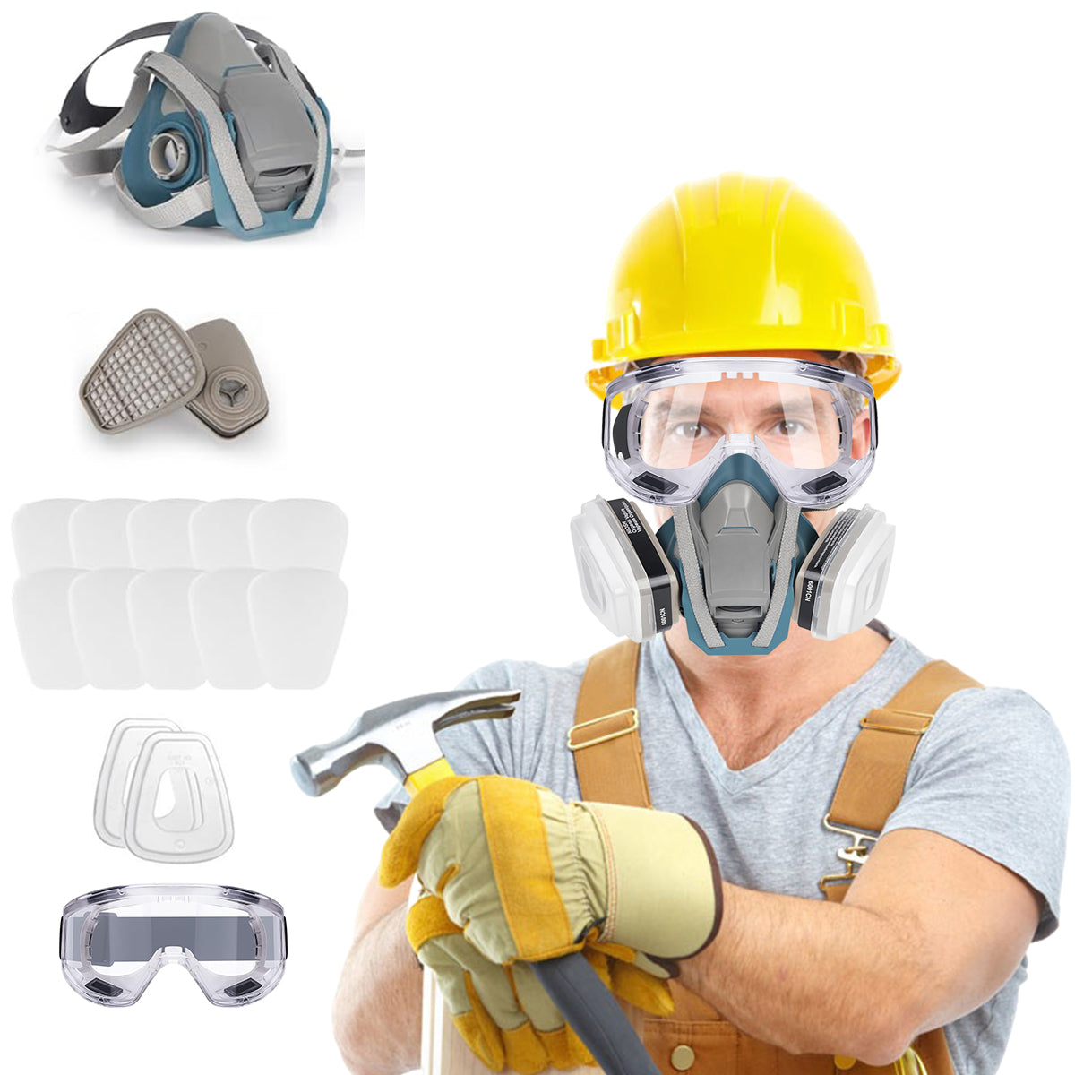 Serplex Respirator Mask & Protective Goggles Dual Way Gas Mask Kit Industrial Filtration Level Dustproof Respirator Mask with 10Pcs Replacement Filter Pads