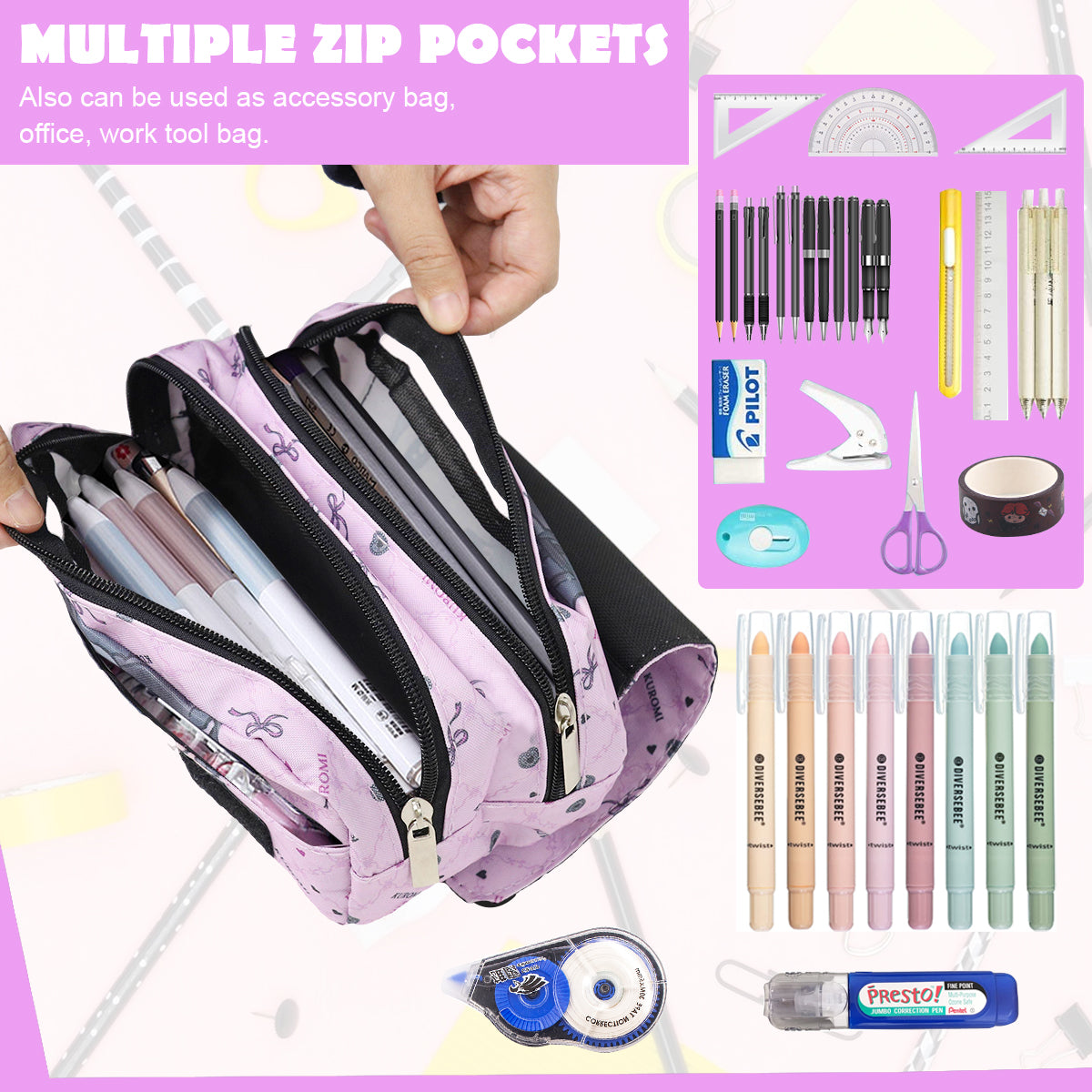 HANNEA® Pencil Case Large Capacity Students pencil pouch Double LayerPencil Bag Pen Case Cute Kuromi Oxford Cloth Pencil Case Stationeries Holder Organizer for Gift School Office Supplies, Purple