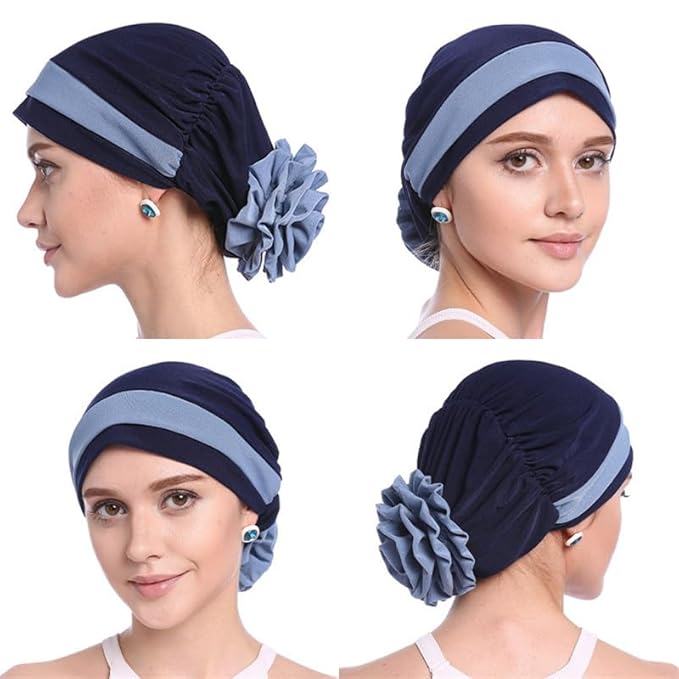 PALAY Women Hair Wrap Head Wrap Grey Flower Hair Wrap Cap Turban Cap Slouchy Chemo Cap Head Wrap Hat for Women Sleep Hat Headwear, Navy