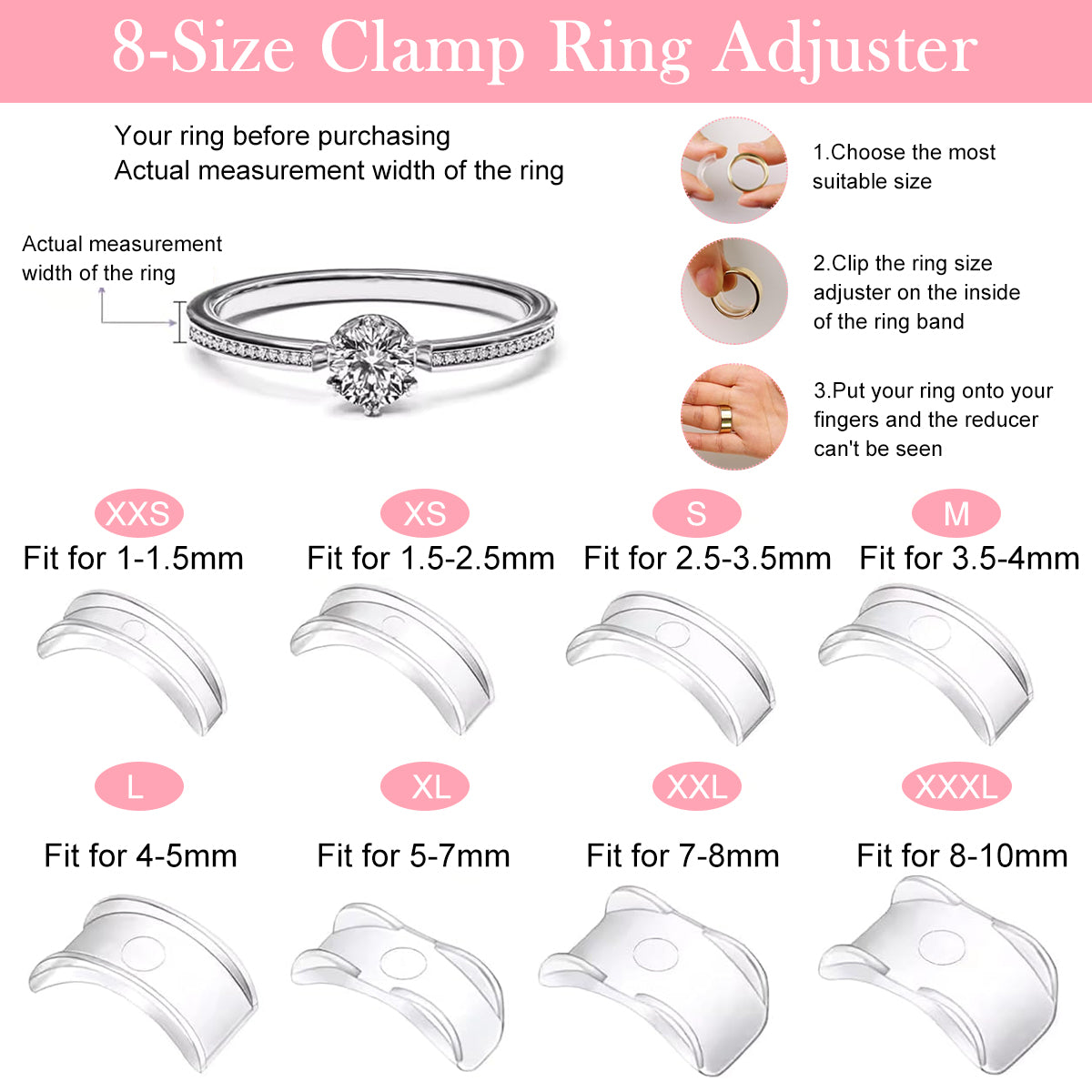 SANNIDHI 20Pcs Ring Adjuster for Loose Rings Invisible Ring Size Measuring Tool, Plug-In Invisible Ring Guards Silicone Tightener Eva Foam Patches Ring Adjusters Set with Polishing Cloth, Scissors