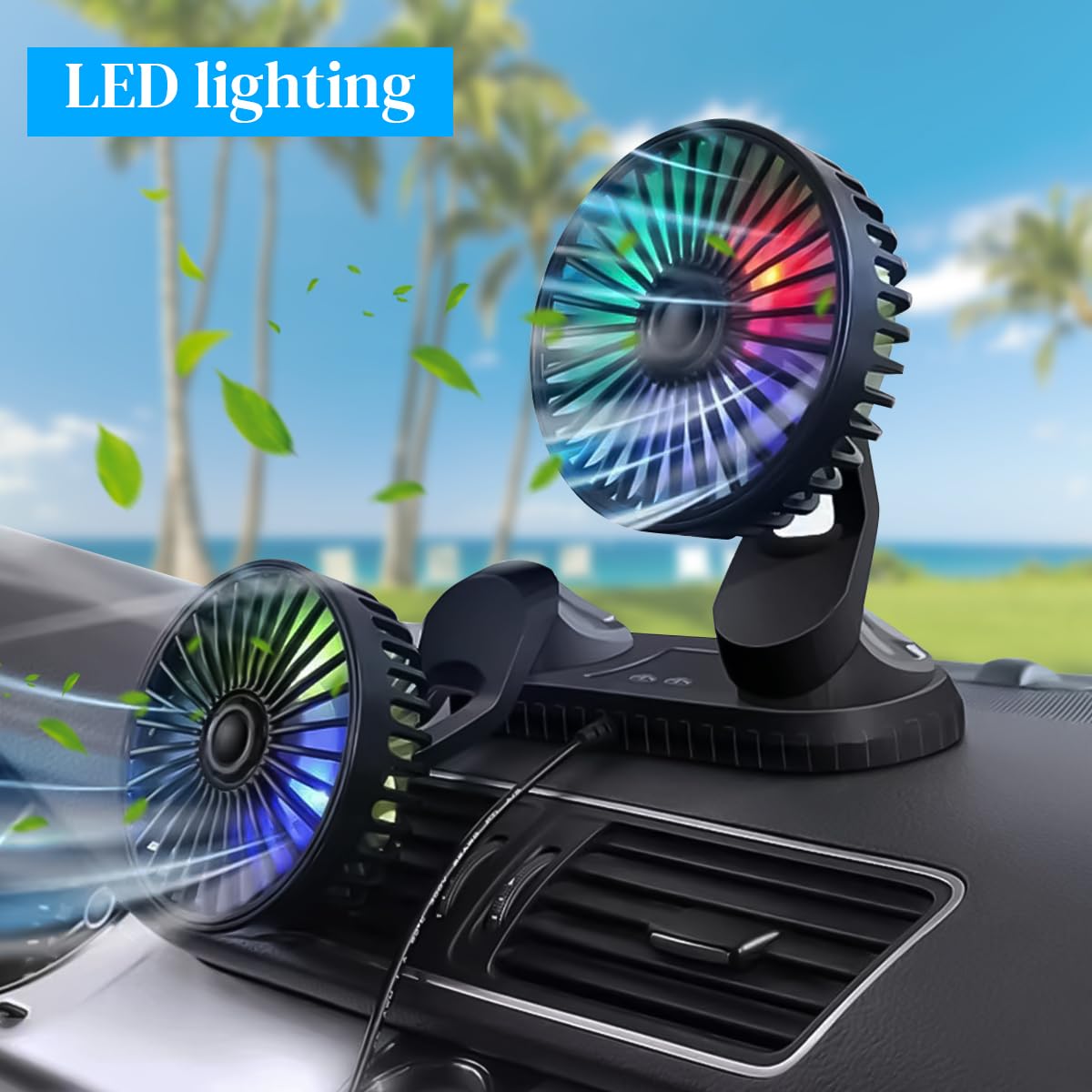 STHIRA Fashion Dual Head Car Fan with Separate Controls, LED Lights & Flexible Arm Design USB Fan for Car, Plug and Play DC Fan, 12V High-Speed Airflow, Compact Size, Universal Fit for All Vehicles
