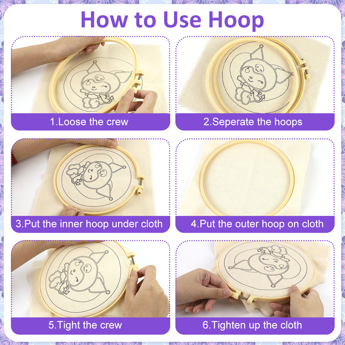 PATPAT 20x20CM DIY Tufting Art Craft Kit Cute Kuro-mi Punch Needle Kit Embroidery Kit for Beginners DIY Hoop Embroidery Kit with Embroidery Punch Needles, Hoop, DIY Art Kit Gift for Kids Adults