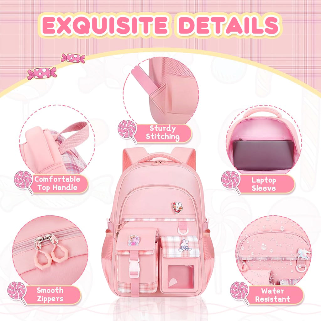 PALAY School Backpack for Girls Pink Plaid Schoolgirls Backpack Book Bag Multi Compartment Waterpoof School Backpack Lightweight Travel Backpack School Gift Birthday Gift for Girls, 46x30x17cm