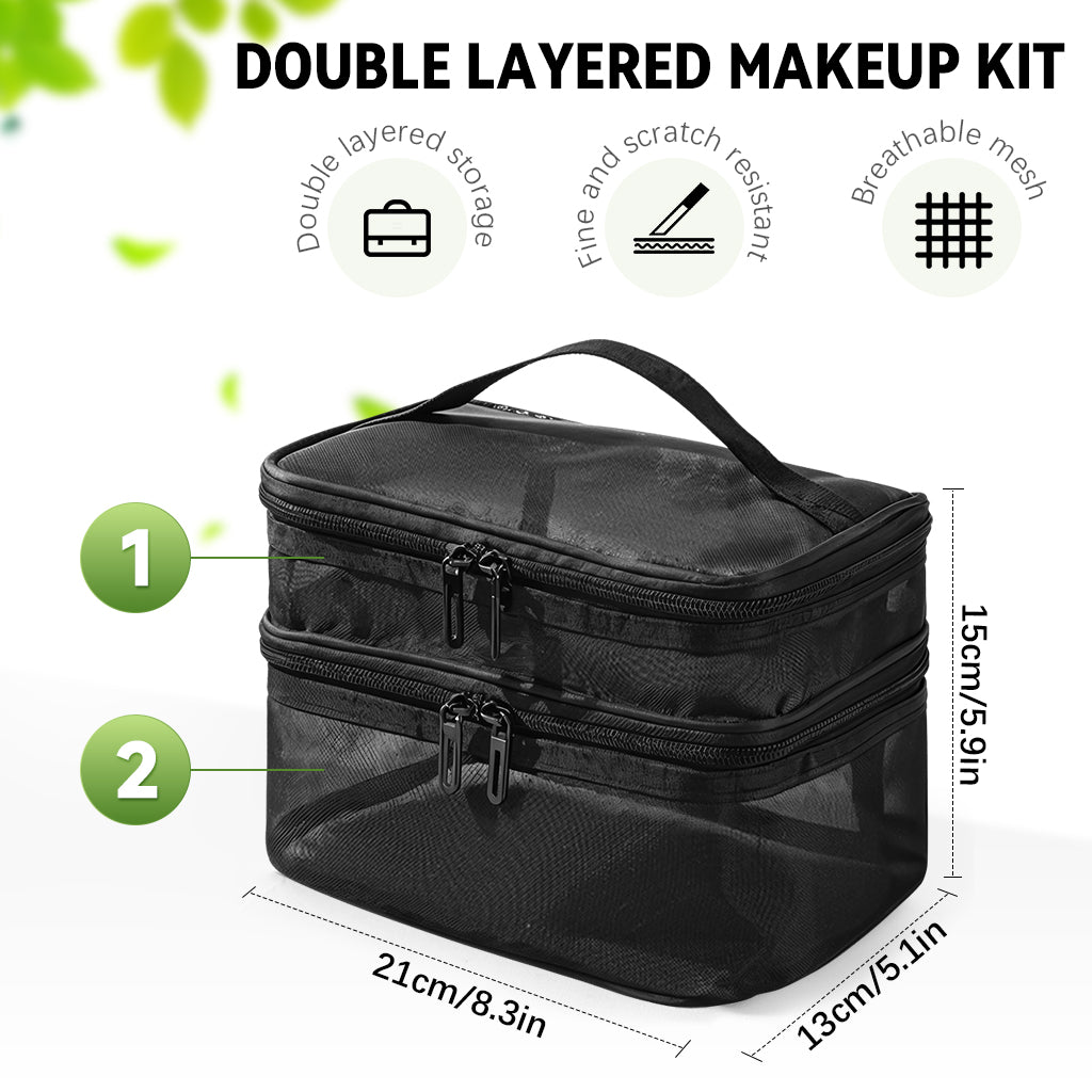 SANNIDHI Makeup Pouch Bag, Travel Makeup Organizer Bag Pouch, Large Mesh Toiletries Cosmetic Bag, Double Layer Nylon Make up Brush Pouch, Zip-up Makeup Tool Bag with Handle