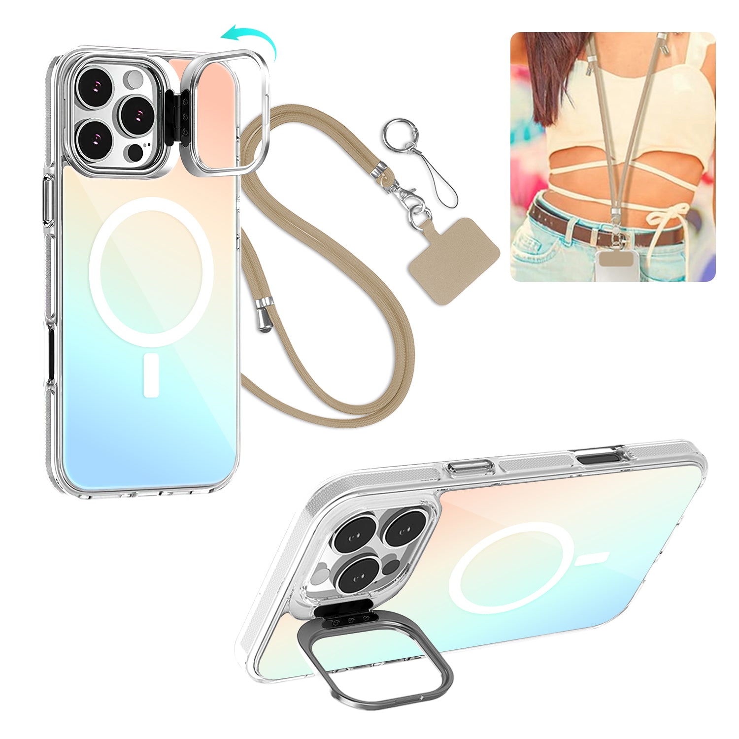 ZORBES Compatible with iPhone 16 Pro Phone Case with Nylon Lanyard for iPhone 16 Pro Support MagSafe Fashion Translucent Magnetic Phone Case with 2 in 1 Folding Camera Protective Frame Phone Holder