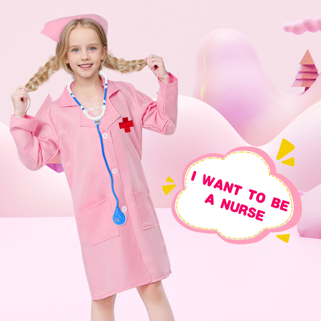 PATPAT Fancy Doctor Dress for Kids 5-6 Years Girls, Pink Nurse Dress for Kids Girls with Nurse Cap, Stethoscope, Mask, Injection - Cosplay Role Play, Special Events Party Career Exploration Costume