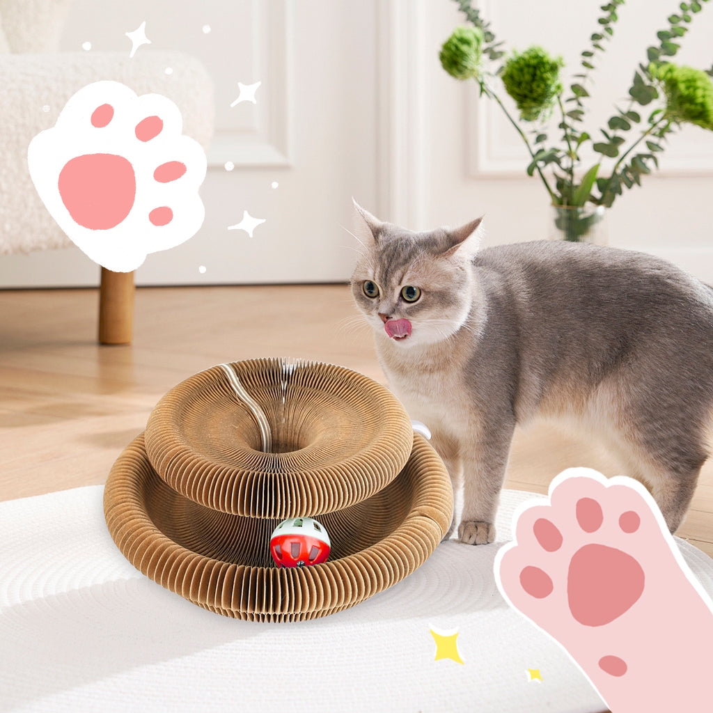 Qpets Cat Toy Folding Cat Scratching Board Toy Corrugated Hard Paper Transformable Cat Scratching Board with Magnetic Ends Space Saving Cat Scratching Toy