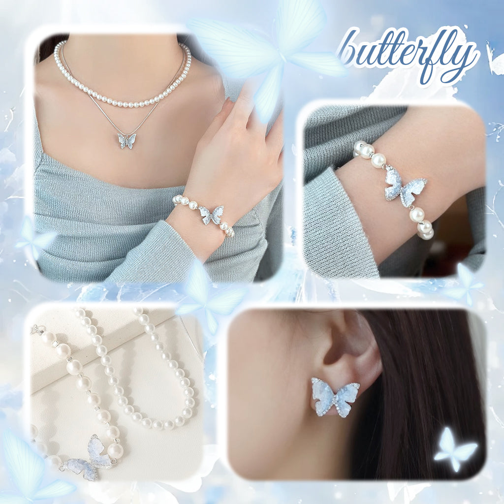 SANNIDHI Women Necklace Bracelet Jewellery Set Chic Butterfly Pearl Necklace Butterfly Ear Studs Bracelet Butterfly Manifestation Jewellery Set Jewellery Gift Set Christmas Gift for Women