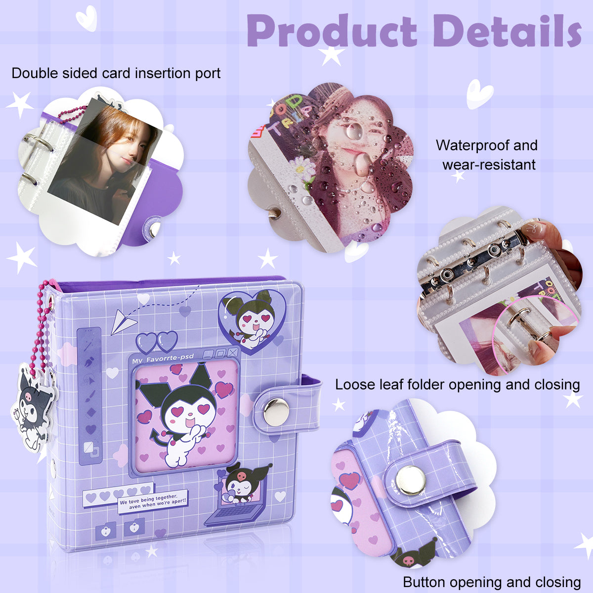 HASTHIP Kuromi Pocket Photo Album Hold Up 40 Photos of 3'' Binder Album Double Side Clear PVC Photo Pocket Kawaii Cartoon Instant Square Films Pocket Album Kpop Star Binder Photocard