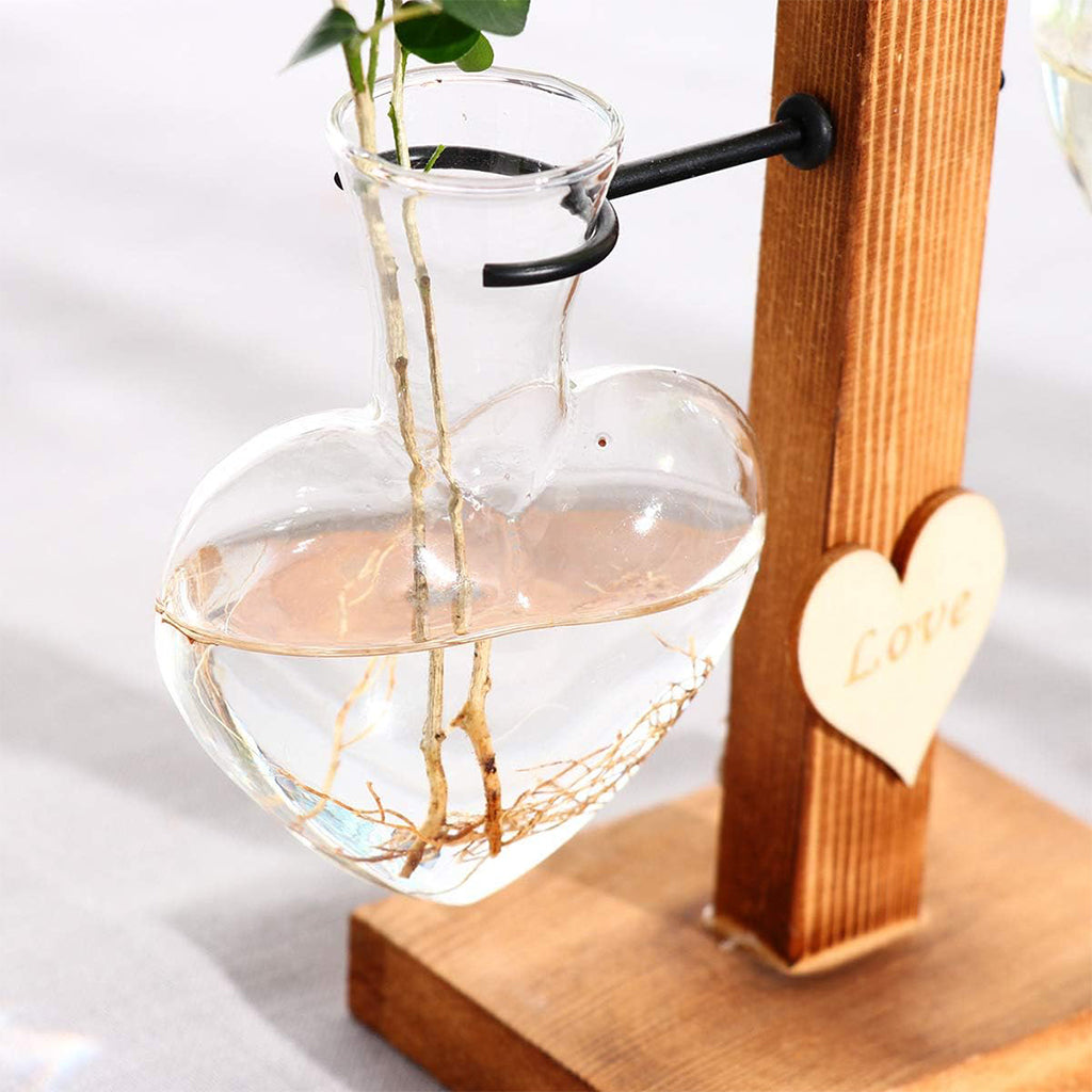 HASTHIP Hydroponic Glass Vase & Stand Kit Heart Shape Hydroponic Glass Bottle with T-Shaped Wooden Stand Romantic Room Decor Gift Hydroponic Glass Vase Kit Christmas Gift Birthday Gift